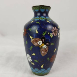 Blue Fine Wire Copper and Enamel Japanese Cloisonne Small Vase w Floral Designs Daisies, Butterflies & Foliage, Japanese Fine Wire Cloisonne