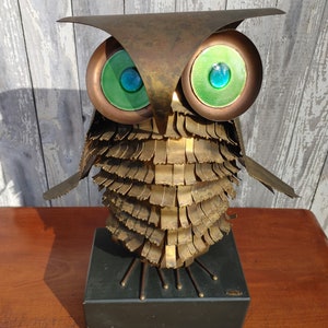 Curtis Jere MCM Brass and Enamel Brutalist Owl Sculpture with Enamel Eyes, Signed and Dated Curtis Jere Brutalist Owl Sculpture on Wood Base