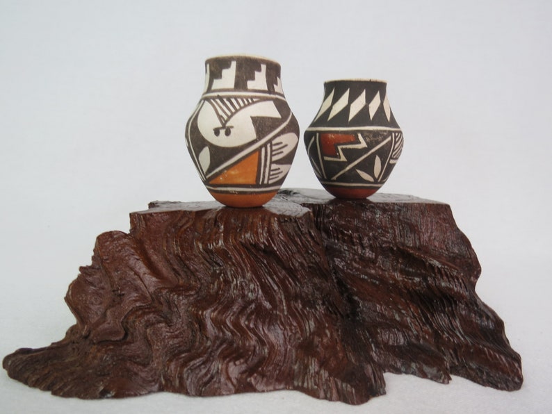 Miniature Acoma Pueblo Pottery Signed RLS Two Vintage Small Pueblo Acoma Hand Crafted Vases 2