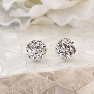 Bright Silver Druzy Earring Studs | Gorgeous Glass Shiny Faux Druzy Earring Studs | Size 10MM | Hypoallergenic Posts | Bridal Earrings