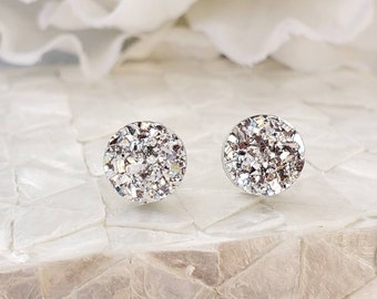 Bright Silver Druzy Earring Studs | Gorgeous Glass Shiny Faux Druzy Earring Studs | Size 10MM | Hypoallergenic Posts | Bridal Earrings