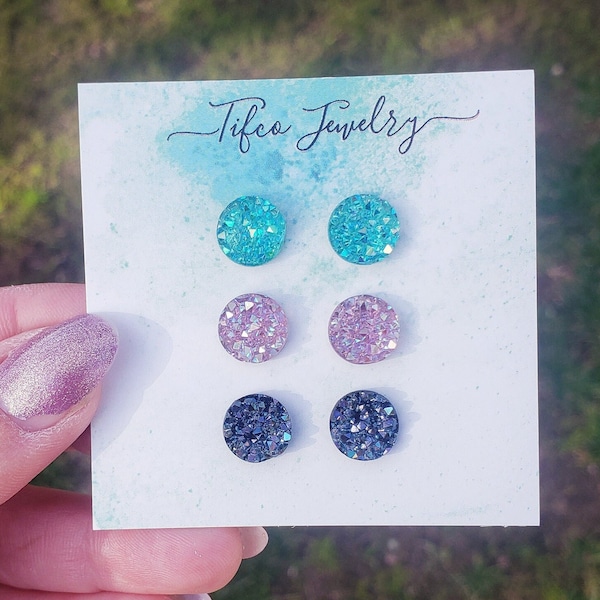 Women's Druzy Studs, 10MM Hypoallergenic Earrings, Earring Gift Set, Druzy Earrings, Druzy Earring, Womens Studs, Teal Purple Earrings Studs