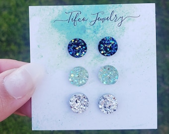 Hypoallergenic Druzy Earrings, 10MM Druzy Earring Set, Druzy Studs, Silver Druzy Earring, Jewelry Gift Set, Women's Studs, Small Studs