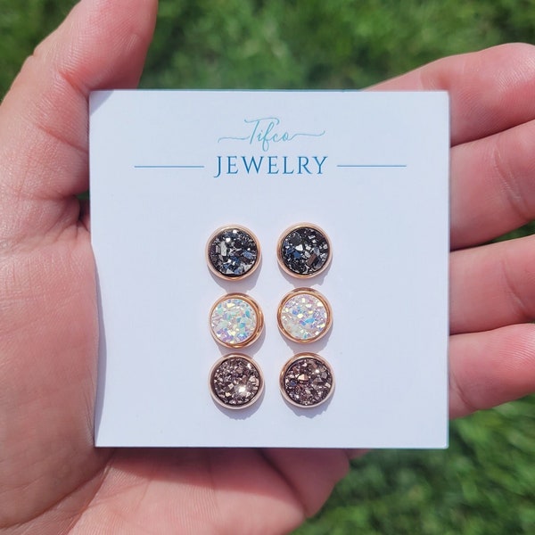 Rose Gold Druzy Earring Set, 8MM, Hypoallergenic, Earring Sets, Gunmetal Earrings, Rose Gold Studs, Earrings Studs, Womens Earrings, Dainty