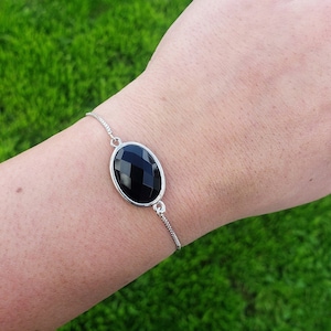 Black Obsidian Bracelet, Cubic Zirconia Bracelet, Silver Bracelet, Obsidian Stone, Gift for Her, Platinum Bracelet, Black Obsidian Jewelry