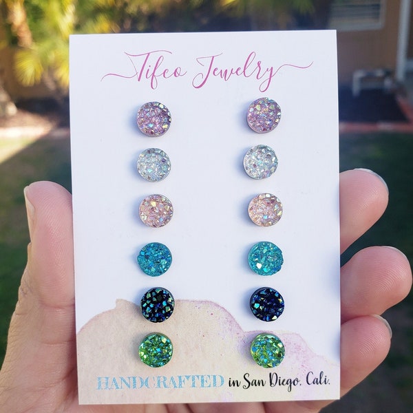 6 Pack Druzy Earring Set 8MM | Earring Gift Set | Hypoallergenic Earrings | Dainty Studs | Gift for Her | Shiny Studs | Womens Earring Studs