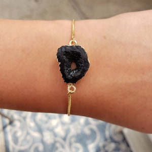 Black Druzy Agate Stone Bracelet | 18K Gold Adjustable Bracelet | Cubic Zirconia Bracelet | Adjustable Bracelet | Jewelry Gift for Her