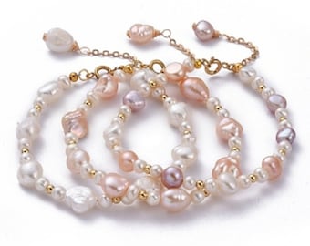 Natural Pearl Bracelet, Pink Pearl Bracelet, Gold Pearl Bracelet for Women, Gift for Wife, Wedding Bracelets, Dainty Gold Bracelet