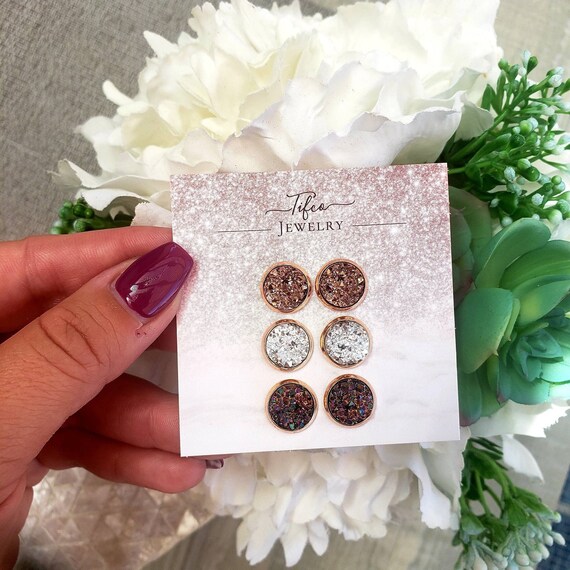 Gorgeous Rose Gold Druzy Earring Set 10MM | Hypoallergenic Earrings | Rose Gold Earring 3 Pack | Earring Gift Set | Gift for Her