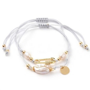 Gold Paper Clip Bracelet, Baroque Pearl Bracelet, Stackable Bracelets, Adjustable Gold Bracelet, Cubic Zirconia Bracelet, Gift for Her