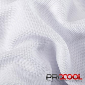 May include: White athletic performance fabric with a textured weave. The fabric is soft and breathable, making it ideal for activewear. The fabric is labeled "PROCOOL ATHLETIC PERFORMANCE FABRICS".