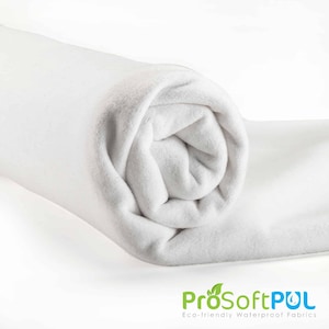 May include: A white, rolled-up waterproof fabric. The fabric is soft and plush, and it is made from eco-friendly materials. The fabric is labeled "ProSoftPUL Eco-friendly Waterproof Fabrics".