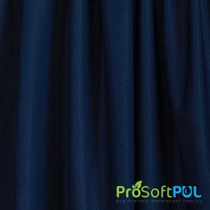 May include: Close-up of a navy blue fabric with a subtle textured pattern. The fabric is draped in vertical folds, creating shadows and highlights. The logo "ProSoftPUL" is visible in green and white, with the tagline "Eco-friendly Waterproof Fabrics".