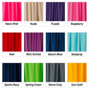 May include: A collection of 16 fabric swatches in various colors, including magenta, natural white, neon green, neon orange, neon pink, nude, purple, raspberry, red, rich orchid, saturn blue, seaspray, sports navy, spring green, stone grey, sun gold, uniform blue, and wild tomato.
