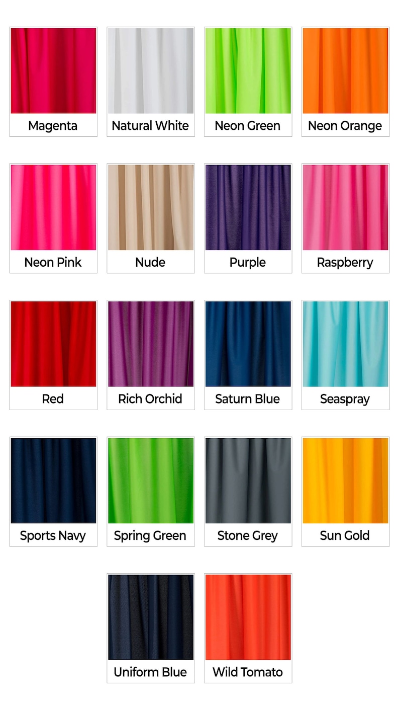 May include: A collection of 16 fabric swatches in various colors, including magenta, natural white, neon green, neon orange, neon pink, nude, purple, raspberry, red, rich orchid, saturn blue, seaspray, sports navy, spring green, stone grey, sun gold, uniform blue, and wild tomato.