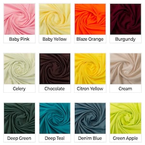 May include: A collection of 18 fabric swatches in various colors, including white, black, aqua, baby blue, baby pink, baby yellow, blaze orange, burgundy, celery, chocolate, citron yellow, cream, deep green, deep teal, denim blue, green apple, jelly bean, light lavender, lime green, and living coral.