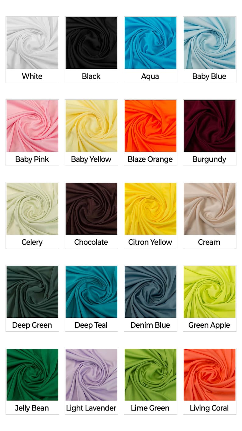 May include: A collection of 18 fabric swatches in various colors, including white, black, aqua, baby blue, baby pink, baby yellow, blaze orange, burgundy, celery, chocolate, citron yellow, cream, deep green, deep teal, denim blue, green apple, jelly bean, light lavender, lime green, and living coral.