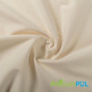 May include: Close-up of a smooth, off-white fabric with a slight sheen. The fabric is folded and draped, showcasing its texture and drape. The fabric is labeled "ProSoftPUL Eco-friendly Waterproof Fabrics".