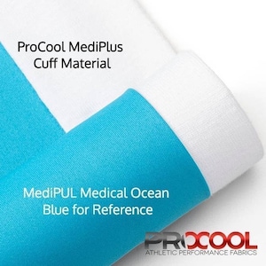 May include: Close-up of a white and turquoise blue fabric. The fabric is rolled up and the turquoise blue fabric is on top. The text "ProCool MediPlus Cuff Material" is printed in black on the white fabric. The text "MediPUL Medical Ocean Blue for Reference" is printed in black on the turquoise blue fabric. The text "ProCool Athletic Performance Fabrics" is printed in black on the bottom of the image.