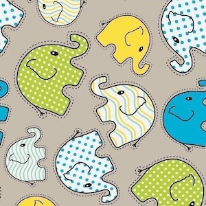 May include: A seamless pattern featuring colorful cartoon elephants with different patterns. The elephants are outlined in black and have a stitched look. The background is a light brown color.