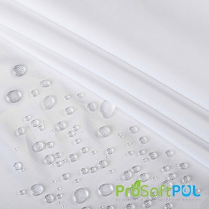 May include: White fabric with water droplets on the surface. The fabric is waterproof and eco-friendly. The text "ProSoftPUL Eco-friendly Waterproof Fabrics" is printed on the fabric.