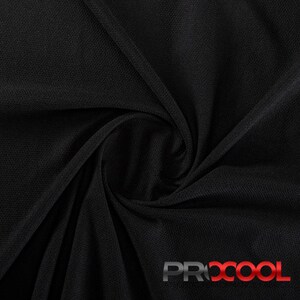 May include: Black fabric with a textured surface. The fabric is folded and twisted, creating a swirling pattern. The word "PROCOOL" is printed in red and white letters in the lower right corner.