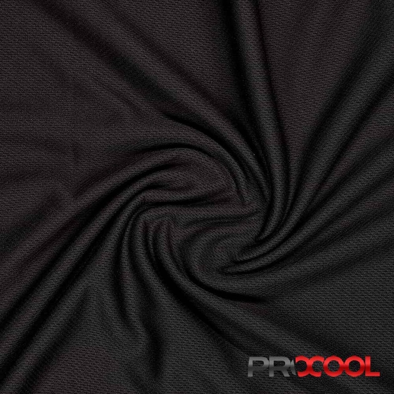 May include: Black athletic fabric with a textured, breathable design. The fabric is woven with a subtle pattern and has a slightly shiny finish.