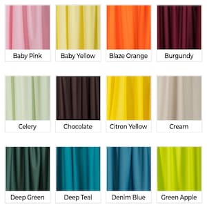 May include: A collection of 16 fabric swatches in various colors, including white, black, aqua, baby blue, baby pink, baby yellow, blaze orange, burgundy, celery, chocolate, citron yellow, cream, deep green, deep teal, denim blue, green apple, jelly bean, light lavender, lime green, and living coral.
