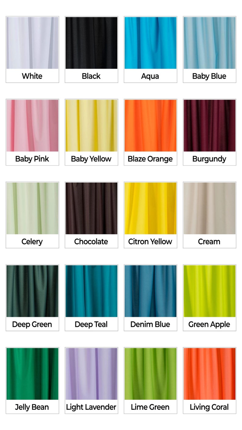 May include: A collection of 16 fabric swatches in various colors, including white, black, aqua, baby blue, baby pink, baby yellow, blaze orange, burgundy, celery, chocolate, citron yellow, cream, deep green, deep teal, denim blue, green apple, jelly bean, light lavender, lime green, and living coral.