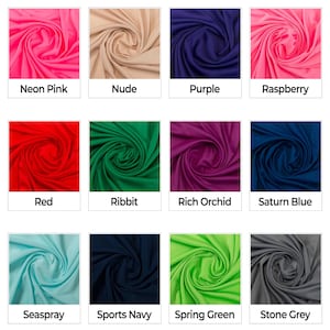 May include: A collection of 16 fabric swatches in various colors, including magenta, millennial pink, neon green, neon orange, neon pink, nude, purple, raspberry, red, ribbbit, rich orchid, saturn blue, seaspray, sports navy, spring green, stone grey, sun gold, and wild tomato.