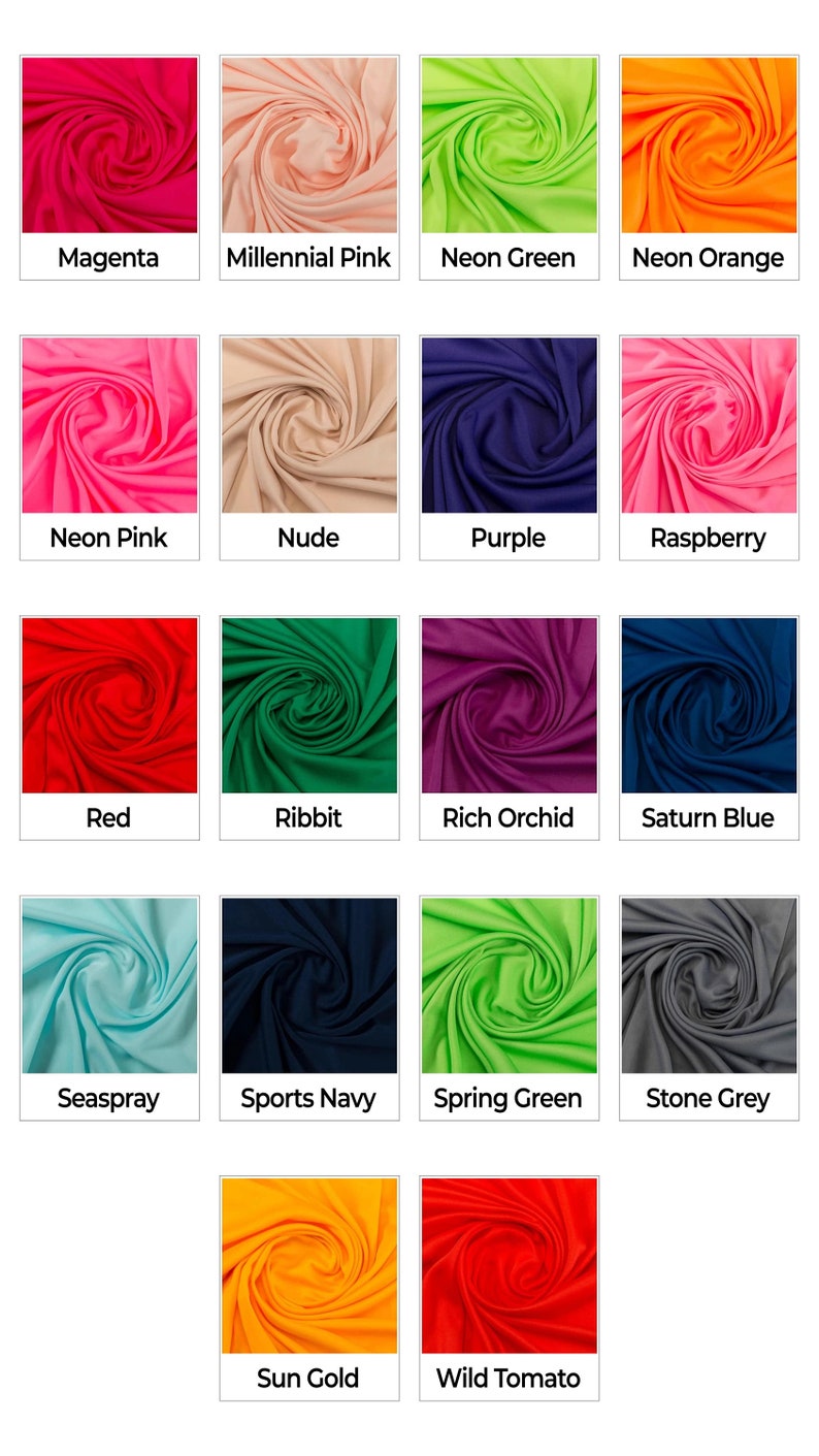 May include: A collection of 16 fabric swatches in various colors, including magenta, millennial pink, neon green, neon orange, neon pink, nude, purple, raspberry, red, ribbbit, rich orchid, saturn blue, seaspray, sports navy, spring green, stone grey, sun gold, and wild tomato.