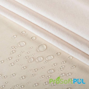 May include: Close-up of a beige waterproof fabric with water droplets on the surface. The fabric is folded in layers, with a soft, white fabric visible in the background. The text "ProSoftPOL" is visible in the bottom right corner.