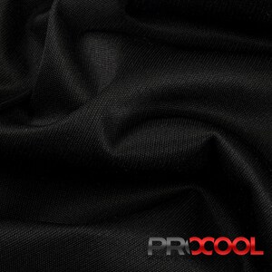 May include: Black fabric with a textured weave, folded and draped. The fabric has a subtle sheen and a soft, smooth feel. The word "PROCOOL" is printed in red and white letters on the fabric.