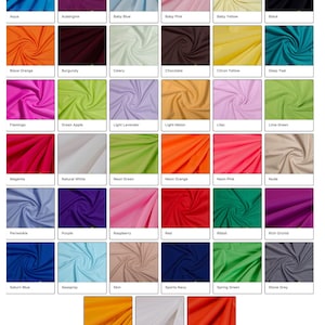 May include: A color chart of fabric swatches in various colors, including aqua, aubergine, baby blue, baby pink, baby yellow, black, blaze orange, burgundy, celery, chocolate, citron yellow, deep teal, flamingo, green apple, light lavender, light melon, lilac, lime green, magenta, natural white, neon green, neon orange, neon pink, nude, periwinkle, purple, raspberry, red, ribbit, rich orchid, saturn blue, sea spray, skin, sports navy, spring green, stone grey, sun gold, white, and wild tomato.