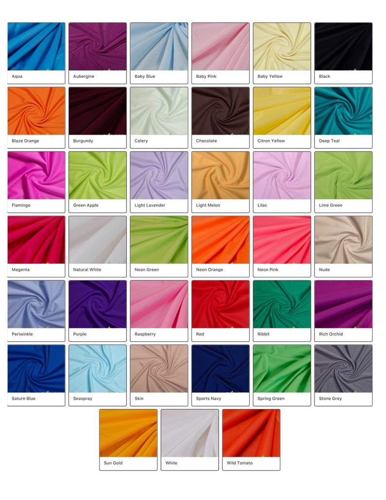May include: A color chart of fabric swatches in various colors, including aqua, aubergine, baby blue, baby pink, baby yellow, black, blaze orange, burgundy, celery, chocolate, citron yellow, deep teal, flamingo, green apple, light lavender, light melon, lilac, lime green, magenta, natural white, neon green, neon orange, neon pink, nude, periwinkle, purple, raspberry, red, ribbit, rich orchid, saturn blue, sea spray, skin, sports navy, spring green, stone grey, sun gold, white, and wild tomato.