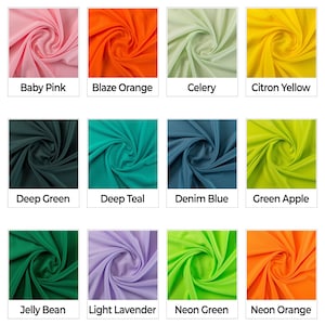 May include: A collection of 16 fabric swatches in various colors, including white, black, aqua, baby blue, baby pink, blaze orange, celery, citron yellow, deep green, deep teal, denim blue, green apple, jelly bean, light lavender, neon green, neon orange, nude, purple, red, and saturn blue.