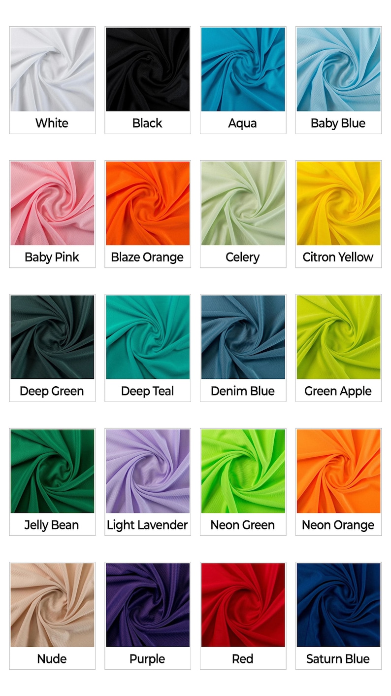 May include: A collection of 16 fabric swatches in various colors, including white, black, aqua, baby blue, baby pink, blaze orange, celery, citron yellow, deep green, deep teal, denim blue, green apple, jelly bean, light lavender, neon green, neon orange, nude, purple, red, and saturn blue.