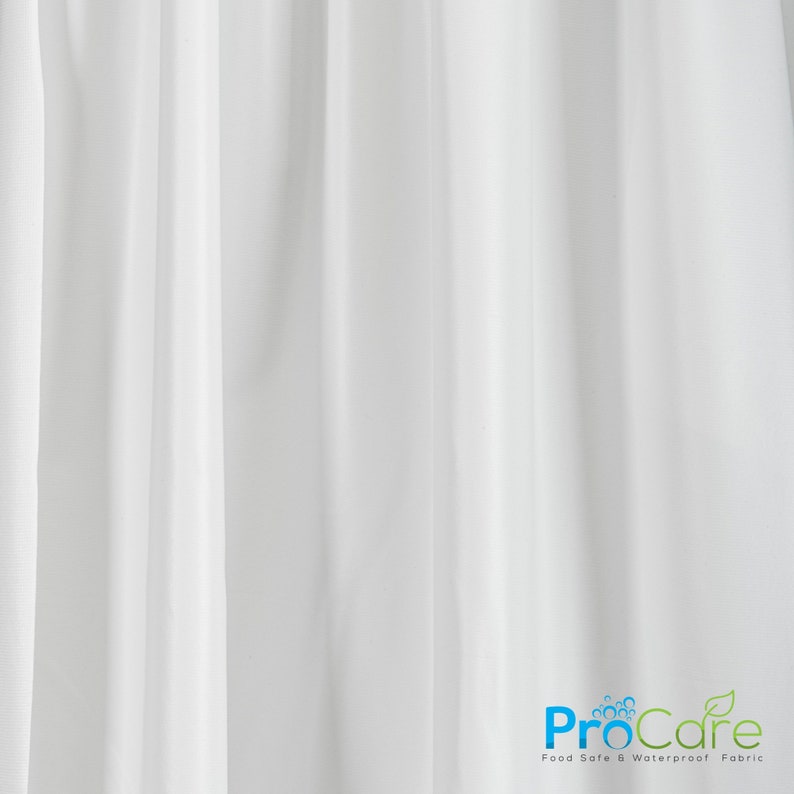 May include: White sheer fabric backdrop with the text "ProCare Food Safe & Waterproof Fabric" in blue and green.