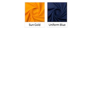 May include: A collection of fabric swatches in various colors, including sea spray, sports navy, spring green, stone grey, sun gold, and uniform blue.