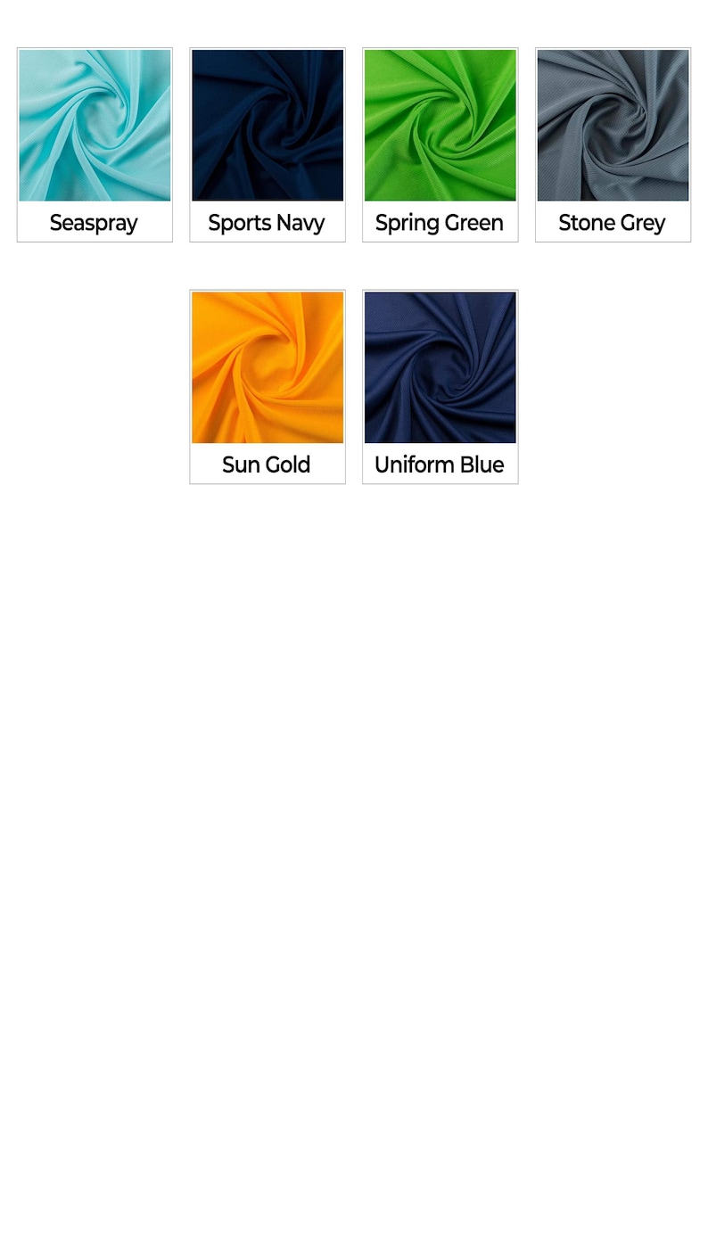 May include: A collection of fabric swatches in various colors, including sea spray, sports navy, spring green, stone grey, sun gold, and uniform blue.