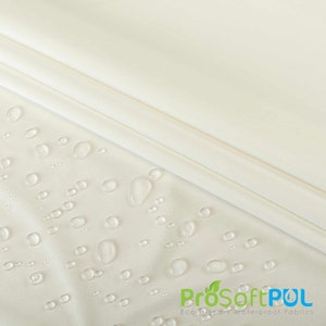 May include: A close-up of a white fabric with water droplets on it. The fabric is smooth and has a soft texture. The text "ProSoftPUL Eco-friendly Waterproof Fabrics" is visible in the bottom right corner of the image.
