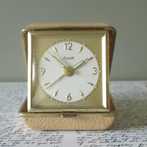 Forestville Brass Travel Alarm Clock | Beige Case, Mid Century Germany