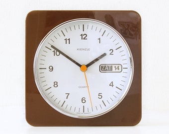 KIENZLE Chronoquartz, Space Age, Brown and White Mid Century Wall Clock, Day and Date function West Germany