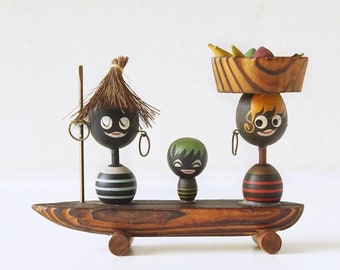 Mid Century Wooden Family. Adults and Child  Figurines.