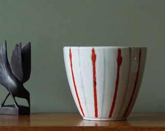 JASBA White and Red Mid Century Flower Pot, West German Pottery