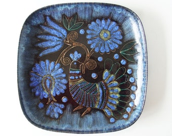 QUIMPER, Marjatta Taburet, Blue Mid Century Dish, Peacock decor, French Pottery