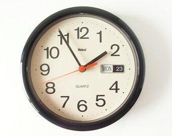 MEBUS, Black and White Vintage Wall Clock Date Function, Germany.