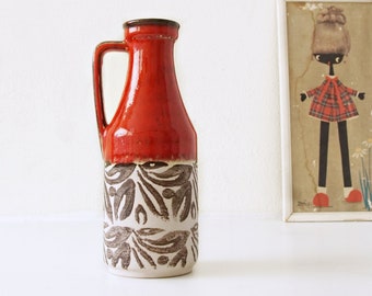 BAY KERAMIK, red and Off White Mid Century Vase, Brown Floral decor, West German Pottery