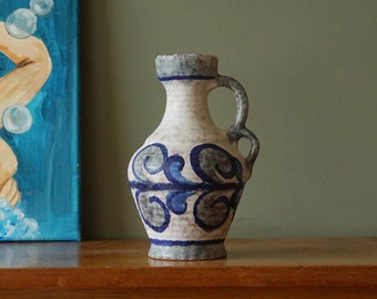 MAREI Blaue und cremefarbene Mid-Century-Vase, Blumendekor, westdeutsche Keramik