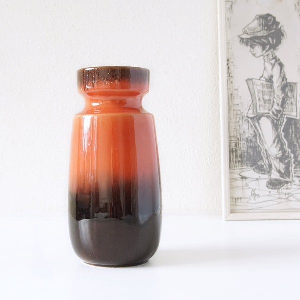 SCHEURICH, Orange and Brown Mid Century Fat Lava Vase, West German Pottery